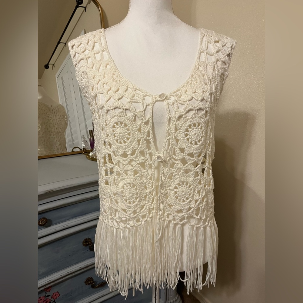 Boho/western Crochet Fringe Cream Vest